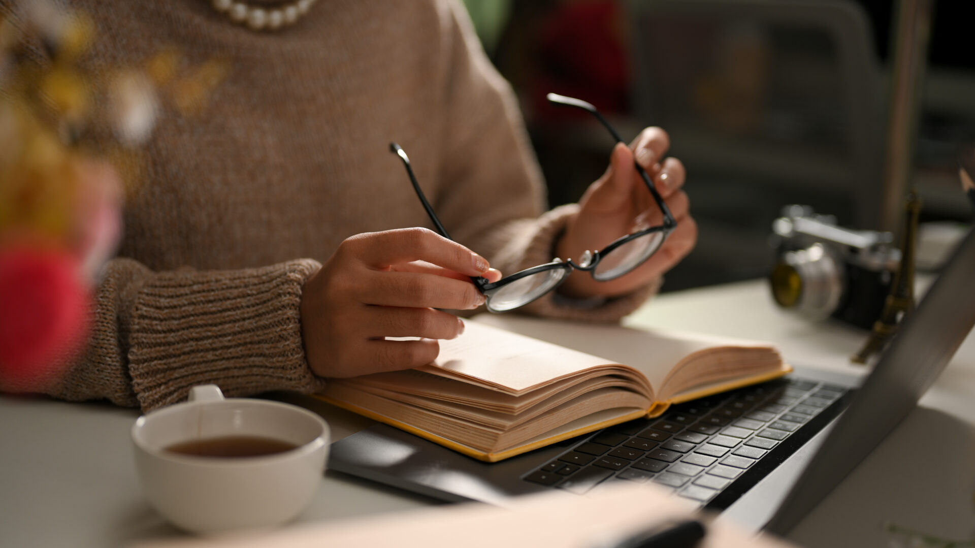 Woman Taking Off Eyeglasses After Long Reading Book Her Home Workspace
